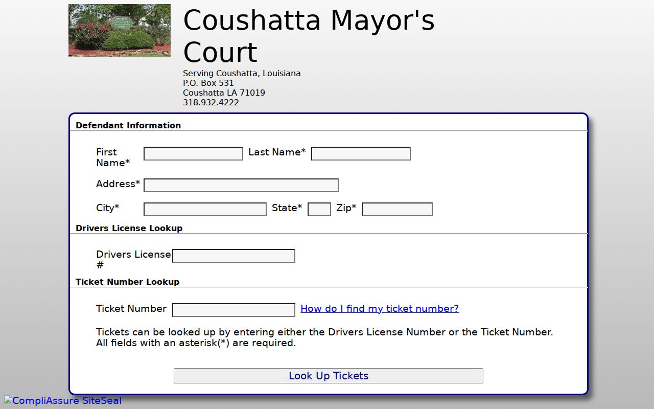 Coushatta Mayor's Court ticket lookup court records screen