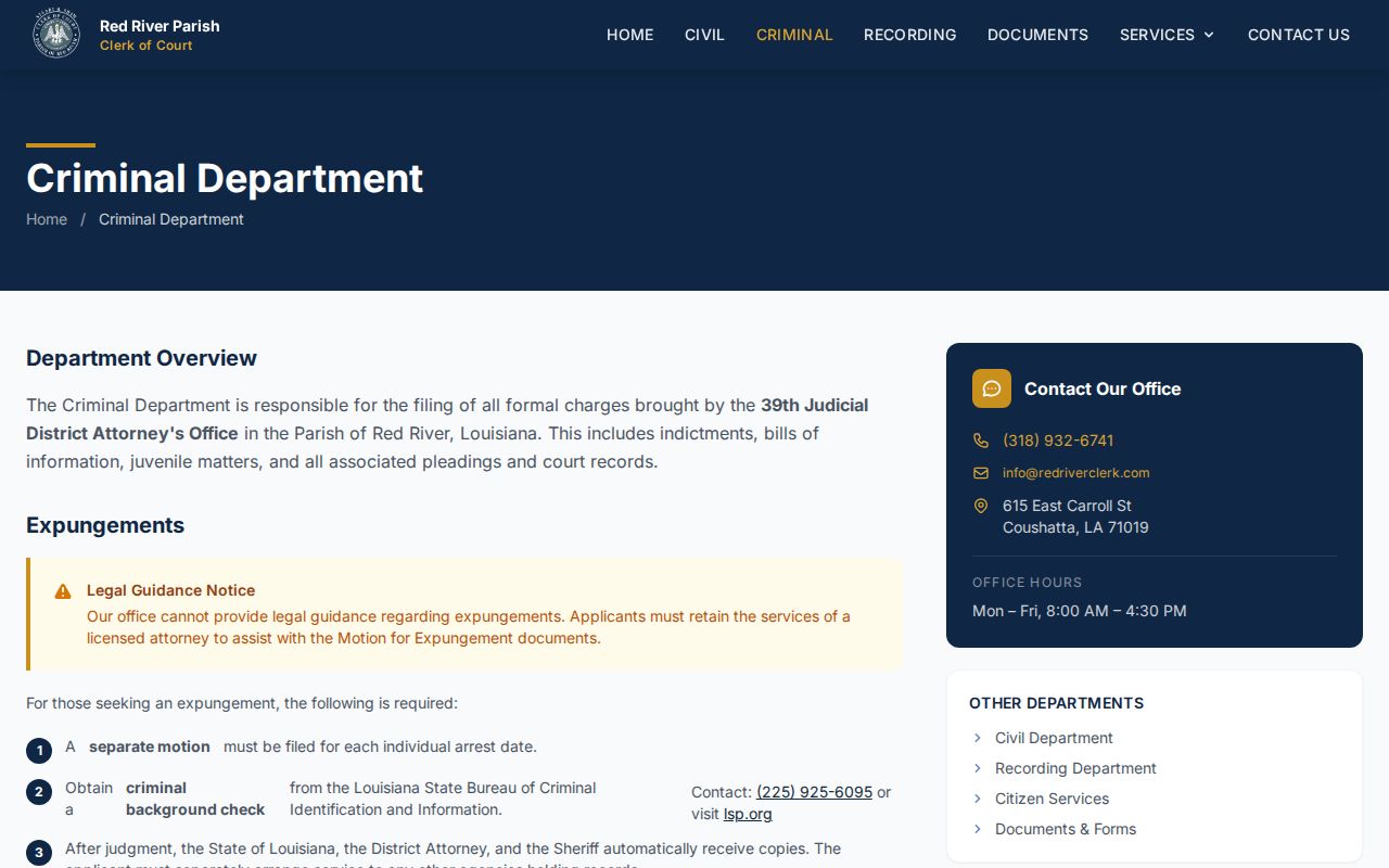 Red River Parish criminal docket Clerk Criminal Department page